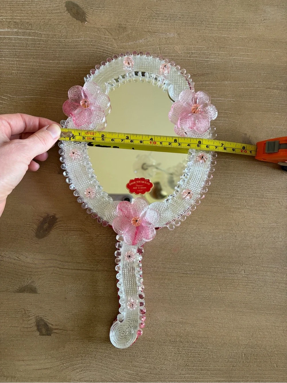 1950s Vintage Italian Venetian Hand-Blown Pink Floral Murano Glass Hand Mirror